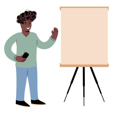 Beyaz tahtanın önünde sıradan giyinmiş genç bir siyahi. Sunum yapmak, açıklamak, öğretmek, konuşma yapmak, fikir üretmek..