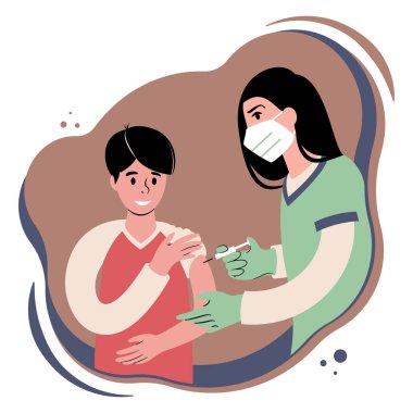 Aşı prosedürü. Kafkas kadın hemşire bir hastaya aşı aşısı uyguluyor. Yüz maskeli genç bir doktor elinde şırınga ve kolları açık gülümseyen beyaz bir çocuk tutuyor. Düz biçim illüstrasyonu.