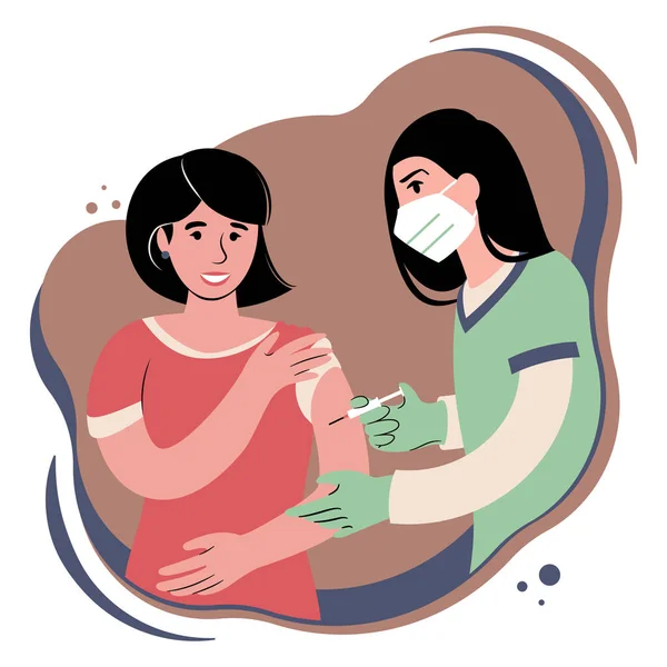 Aşı prosedürü. Kafkas kadın hemşire bir hastaya aşı aşısı uyguluyor. Yüz maskeli genç bir doktor elinde şırınga ve kolları açık bir hasta tutuyor. Düz biçim illüstrasyonu.