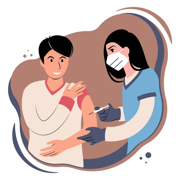 Aşı prosedürü. Kafkas kadın hemşire bir hastaya aşı aşısı uyguluyor. Yüz maskeli genç bir doktor elinde şırınga ve kolları açık genç bir beyaz adam tutuyor. Düz biçim illüstrasyonu.