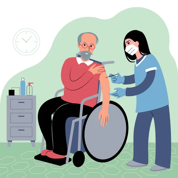 Aşı prosedürü. Kafkas kadın hemşire bir hastaya aşı aşısı uyguluyor. Yüz maskeli genç bir doktor elinde şırınga ve tekerlekli sandalyede kolları açık yaşlı bir beyaz adam tutuyor. Düz biçim illüstrasyonu.