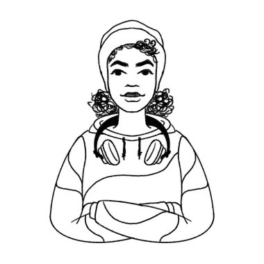 Genç kadın portresi. Şapka ve kulaklık takan Afrikalı bir gencin Avatar 'ı. Dijital kalem çizgisi siyah-beyaz çizimi.