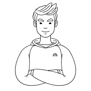 Genç adam portresi. Kafkas bir gencin kapüşonlu Avatar 'ı. Dijital kalem çizgisi siyah-beyaz çizimi.