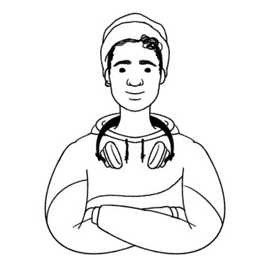 Genç adam portresi. Şapka ve kulaklık takan Afrikalı bir gencin Avatar 'ı. Dijital kalem çizgisi siyah-beyaz çizimi. 