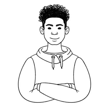 Genç adam portresi. Kapüşonlu Afrikalı bir gencin Avatar 'ı. Dijital kalem çizgisi siyah-beyaz çizimi. 