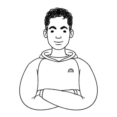 Genç adam portresi. Kapüşonlu gözlüklü Afrikalı bir gencin Avatar 'ı. Dijital kalem çizgisi siyah-beyaz çizimi. 