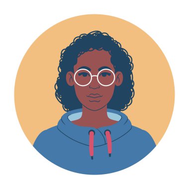 Renkli kapüşonlu gözlük takan Afrikalı genç bir kadının portresi. Çizgi film ergen avatarı. Düz biçim illüstrasyonu. 