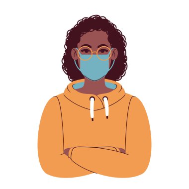 Renkli kapüşonlu, gözlüklü ve maske takan Afrikalı genç bir kadının portresi. Çizgi film ergen avatarı. Düz biçim illüstrasyonu. 