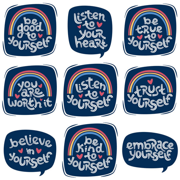 Set of positive thinking quotes promoting self worth and self care