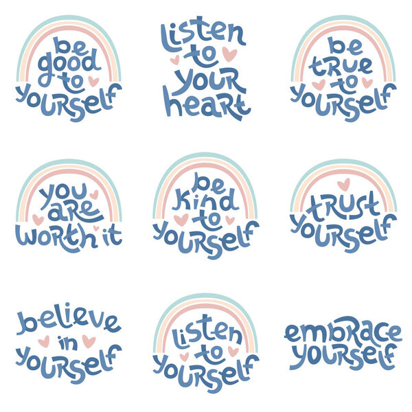 Set of positive thinking quotes promoting self worth and self care