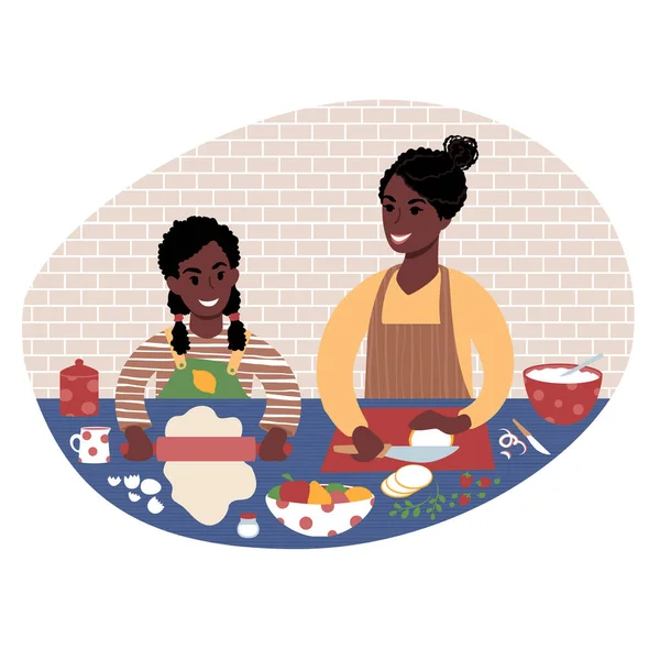 Madre e hija preparando la comida juntas. Ilustración de estilo plano. — Vector de stock