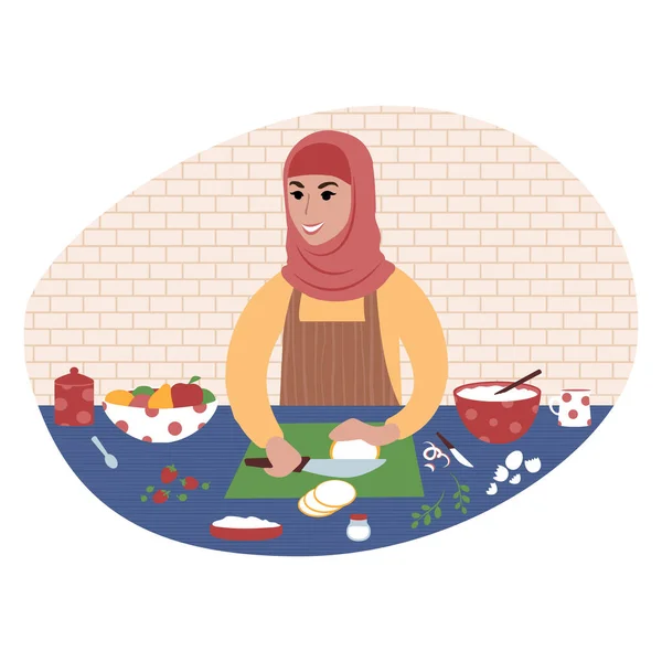 Молодая мусульманка готовит еду. Плоская иллюстрация. — стоковый вектор