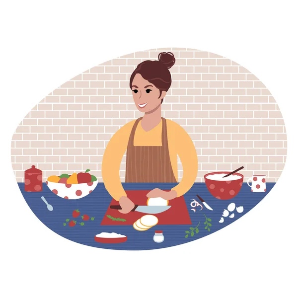Νεαρή γυναίκα ετοιμάζει γεύμα. Επίπεδη απεικόνιση στυλ. — Διανυσματικό Αρχείο
