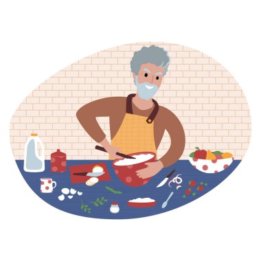 Kıdemli adam yemek hazırlıyor. Düz biçim illüstrasyonu.