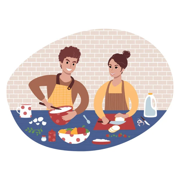 年轻夫妇一起做饭。平面风格插图 — 图库矢量图片