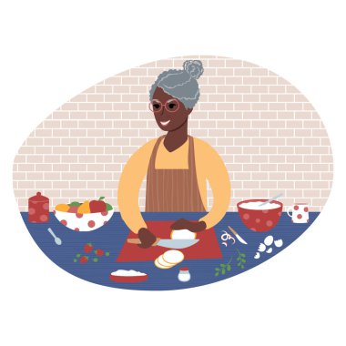 Kıdemli Afrikalı kadın yemek hazırlıyor. Düz biçim illüstrasyonu.