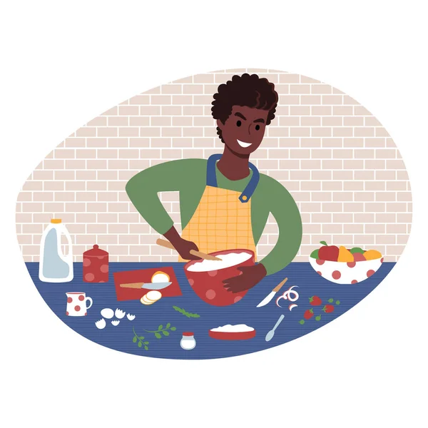 Νεαρός Αφρικανός ετοιμάζει γεύμα. Επίπεδη απεικόνιση στυλ. — Διανυσματικό Αρχείο