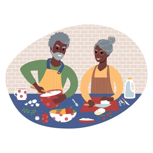 Ouderen bereiden samen eten. Platte stijl illustratie — Stockvector