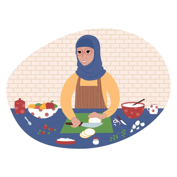 Señorita musulmana mayor preparando una comida. Ilustración de estilo plano. — Vector de stock