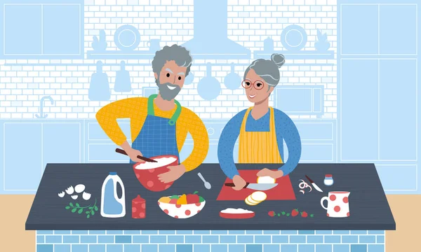 Ευτυχισμένο ζευγάρι τελειόφοιτων μαγειρεύουν μαζί. Επίπεδη διανυσματική απεικόνιση στυλ. — Διανυσματικό Αρχείο