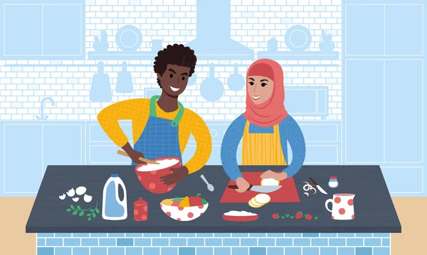 Jovem casal sorrindo preparando uma refeição. Vetor de estilo plano Ilustração. — Vetor de Stock