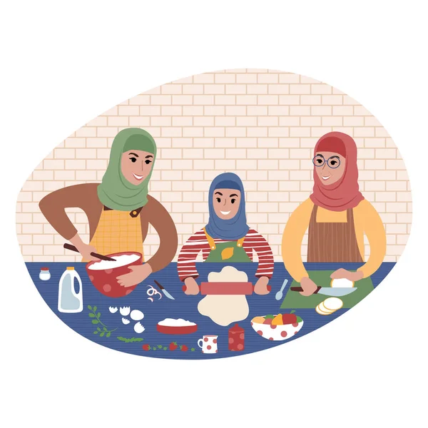 Τρεις γενιές γυναικών να μαγειρεύουν μαζί. Οικογενειακός χρόνος. — Διανυσματικό Αρχείο