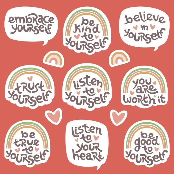 Set of positive thinking quotes promoting self worth and self care — Stock Vector