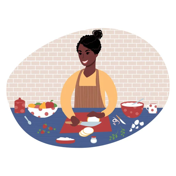 Mujer africana joven preparando una comida. Ilustración de estilo plano. — Vector de stock