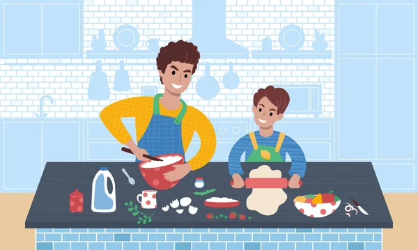Baba ve oğul birlikte yemek hazırlıyorlar. Düz biçim vektör illüstrasyonu