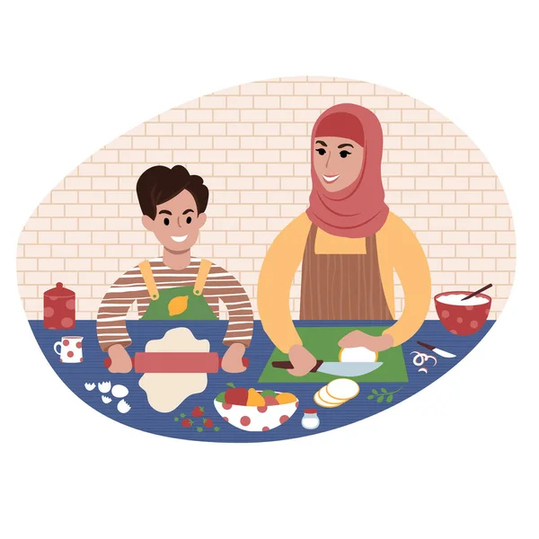 Μητέρα και γιος ετοιμάζουν γεύμα μαζί. Επίπεδη απεικόνιση στυλ. — Διανυσματικό Αρχείο
