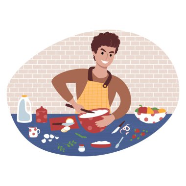Genç adam yemek hazırlıyor. Düz biçim illüstrasyonu.
