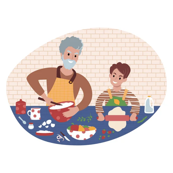 Grootvader en kleinzoon bereiden samen eten. Platte stijl illustratie. — Stockvector