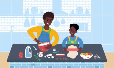 Baba ve oğul birlikte yemek hazırlıyorlar. Düz biçim vektör illüstrasyonu