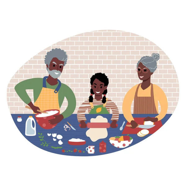 Οι παππούδες μαγειρεύουν μαζί με το εγγόνι. Επίπεδη απεικόνιση στυλ. — Διανυσματικό Αρχείο