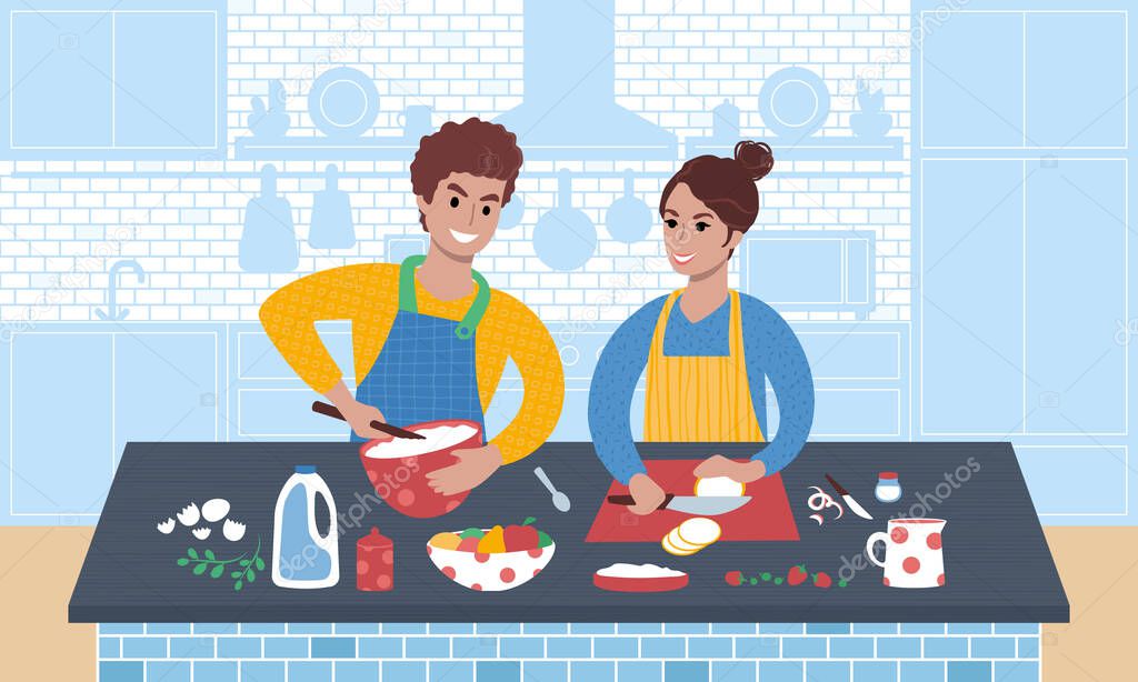 Young smiling couple preparing a meal. Flat style vector Illustration.