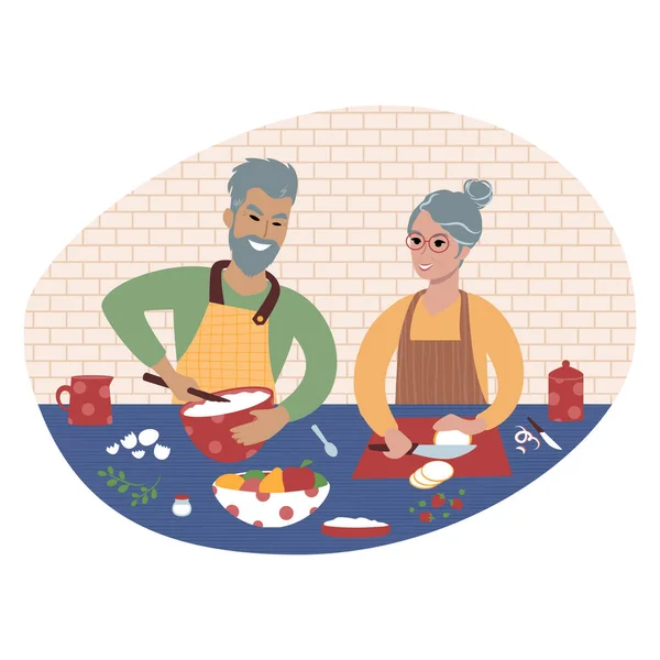 Casal sénior a preparar comida juntos. Ilustração de estilo plano — Vetor de Stock