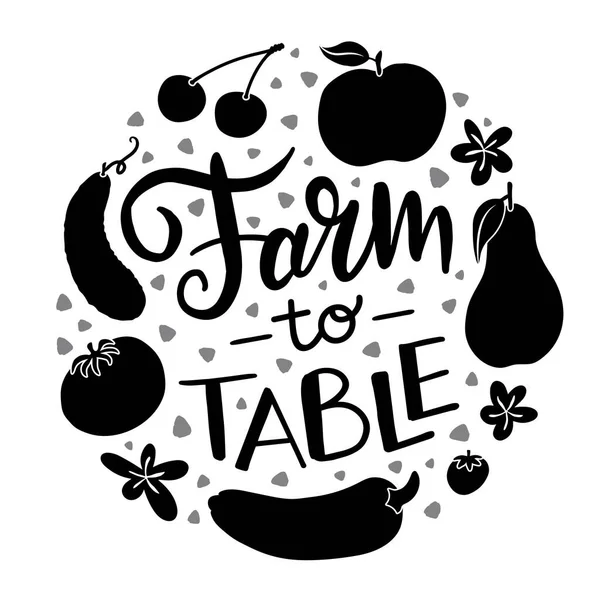 Çiftlikten masaya. Sebze ve meyve elementleriyle çevrili el yazısı tabela..