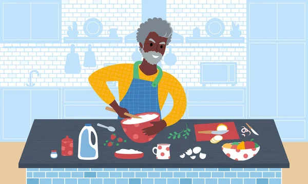Sênior sorrindo homem africano preparando uma refeição. Ilustração vetorial de estilo plano. Ração. — Vetor de Stock