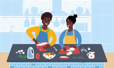 Genç Afrikalı çift yemek hazırlıyor. Düz biçim vektör illüstrasyonu.