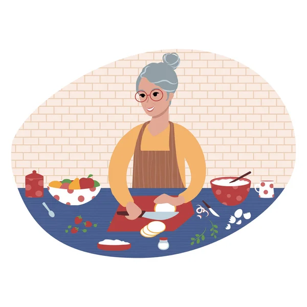 Senior woman preparing a meal. Flat style illustration. — Stockvector