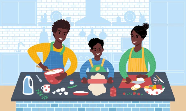 Χαρούμενη οικογένεια μαγειρεύουν μαζί. Επίπεδη απεικόνιση στυλ. — Διανυσματικό Αρχείο