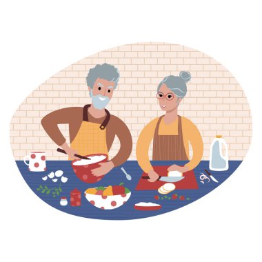 Kıdemli çift birlikte yemek hazırlıyor. Düz biçim illüstrasyonu