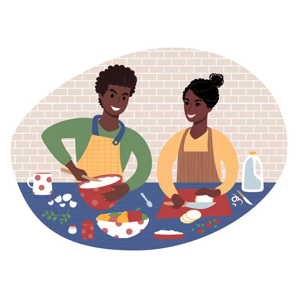 Ένα νεαρό ζευγάρι ετοιμάζει φαγητό μαζί. Επίπεδη απεικόνιση στυλ — Διανυσματικό Αρχείο