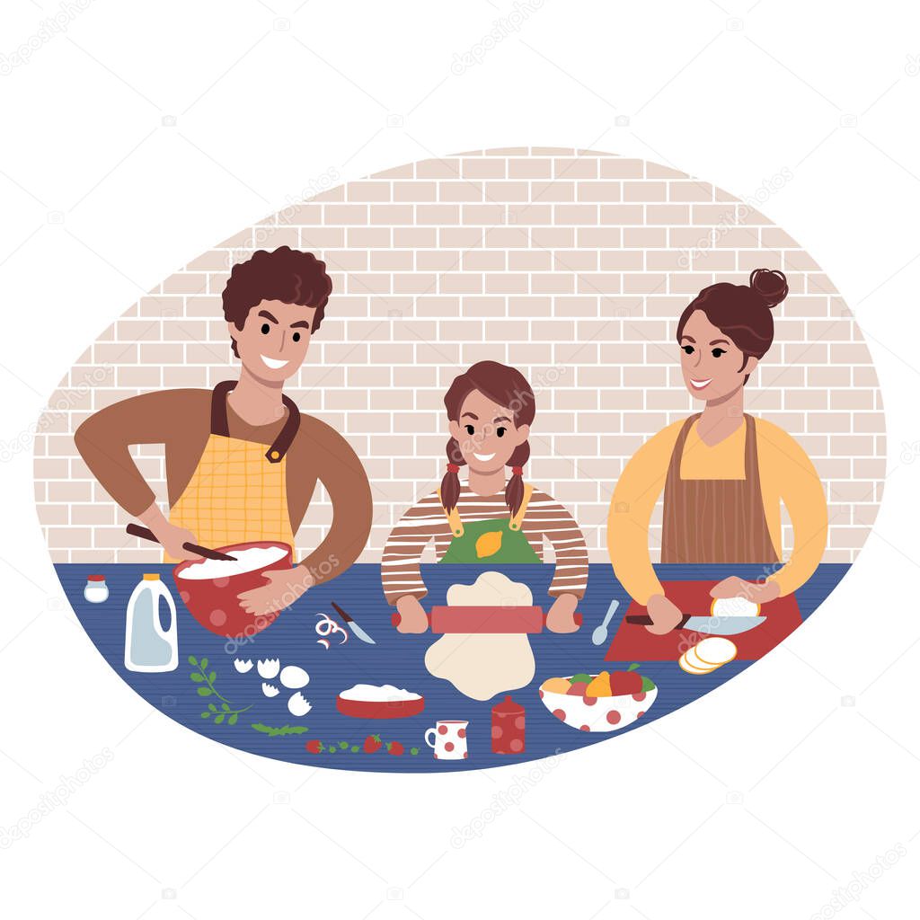 Happy family cooking food together. Flat style illustration.