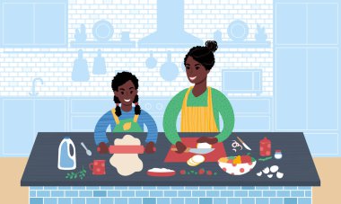 Afrikalı anne ve kız birlikte yemek hazırlıyorlar. Düz biçim vektör illüstrasyonu.