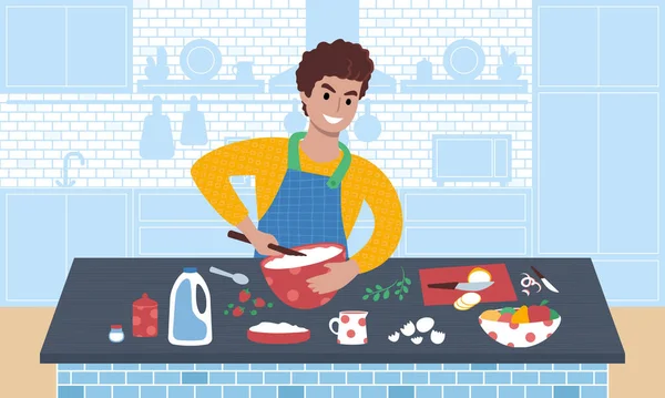 Jovem homem caucasiano sorrindo preparando uma refeição. Ilustração vetorial de estilo plano. — Vetor de Stock