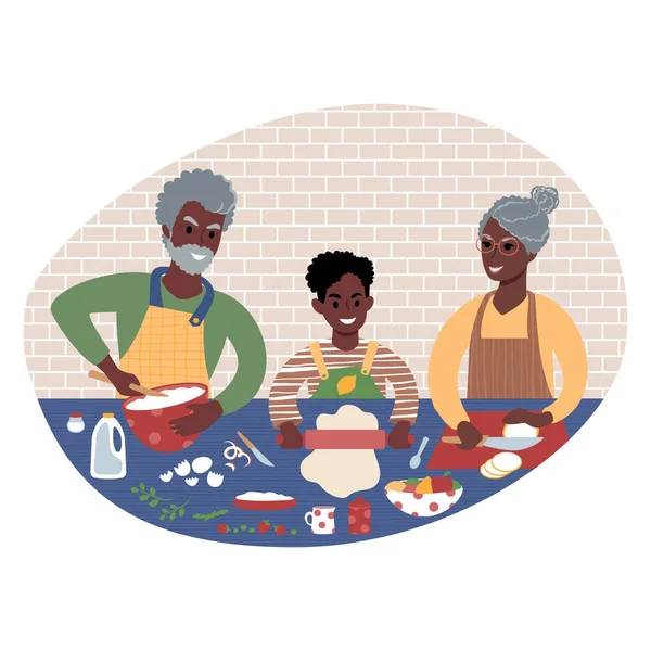 Бабушка и дедушка готовят еду вместе с внуком. Плоская иллюстрация. — стоковый вектор