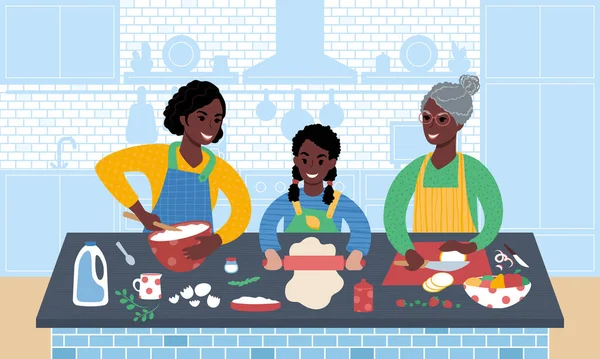 三代女人一起做饭家庭时间. — 图库矢量图片