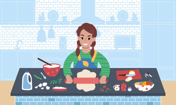 Jong glimlachend blank meisje dat een maaltijd bereidt. Platte stijl vector illustratie. — Stockvector