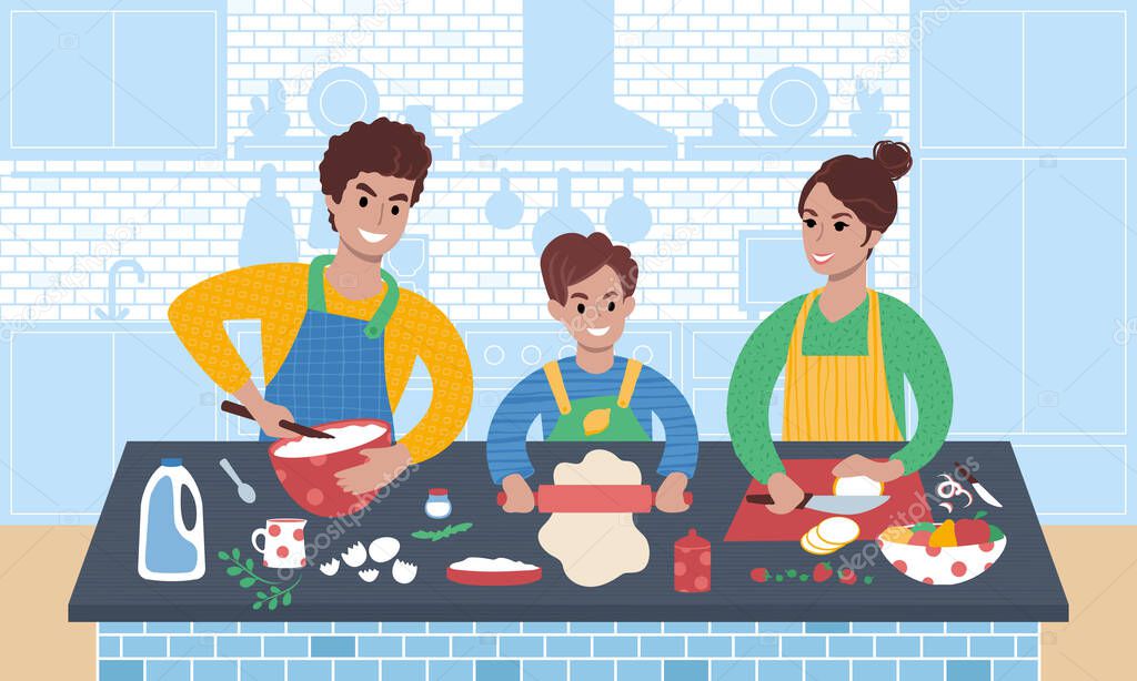 Happy family cooking food together. Flat style illustration.